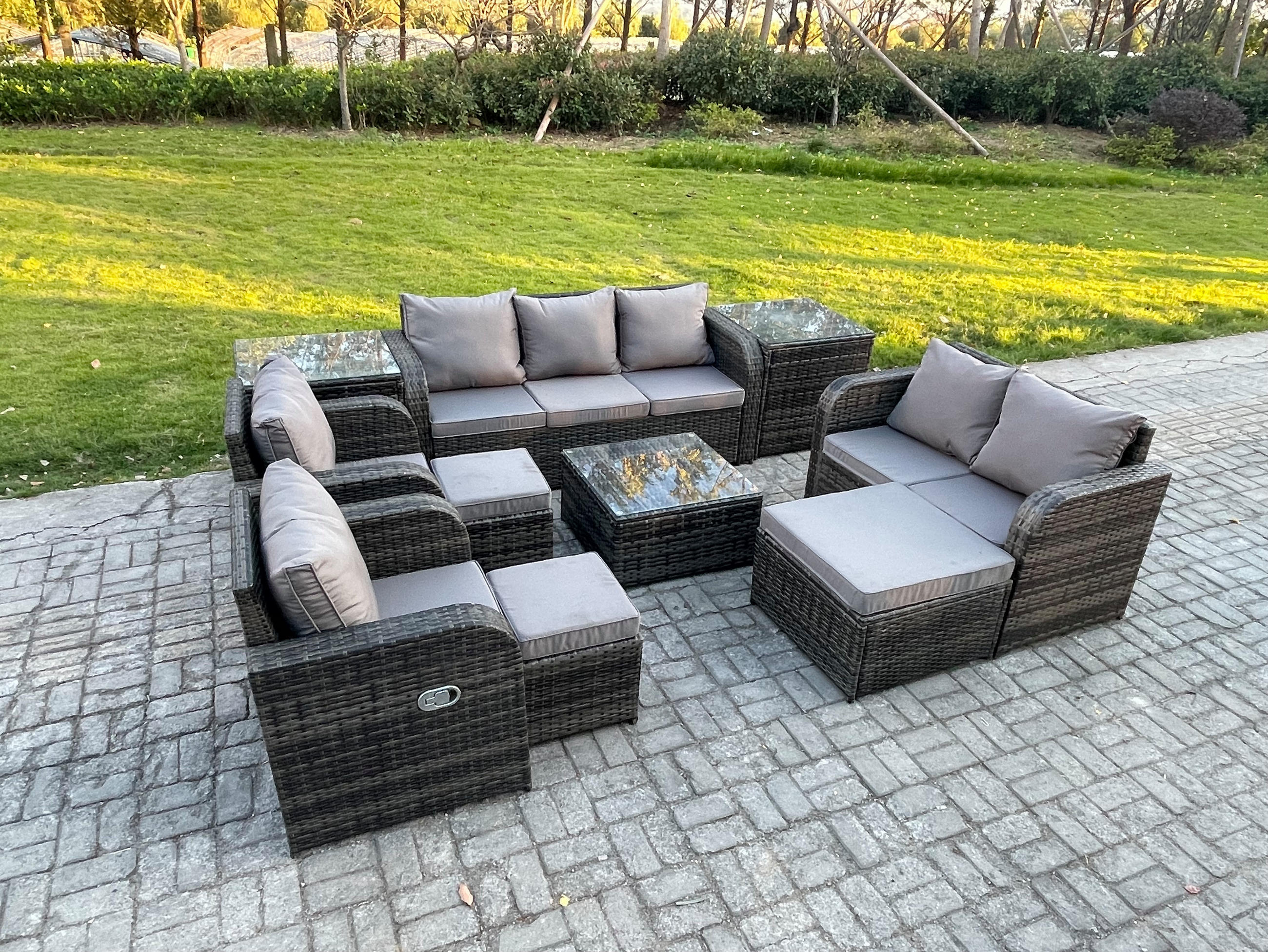 GARTENSOFA SET mit Couchtisch Polyrattan Dunkelgrau 10-teilige - Dunkelgrau/Grau, Glas/Kunststoff - Fimous