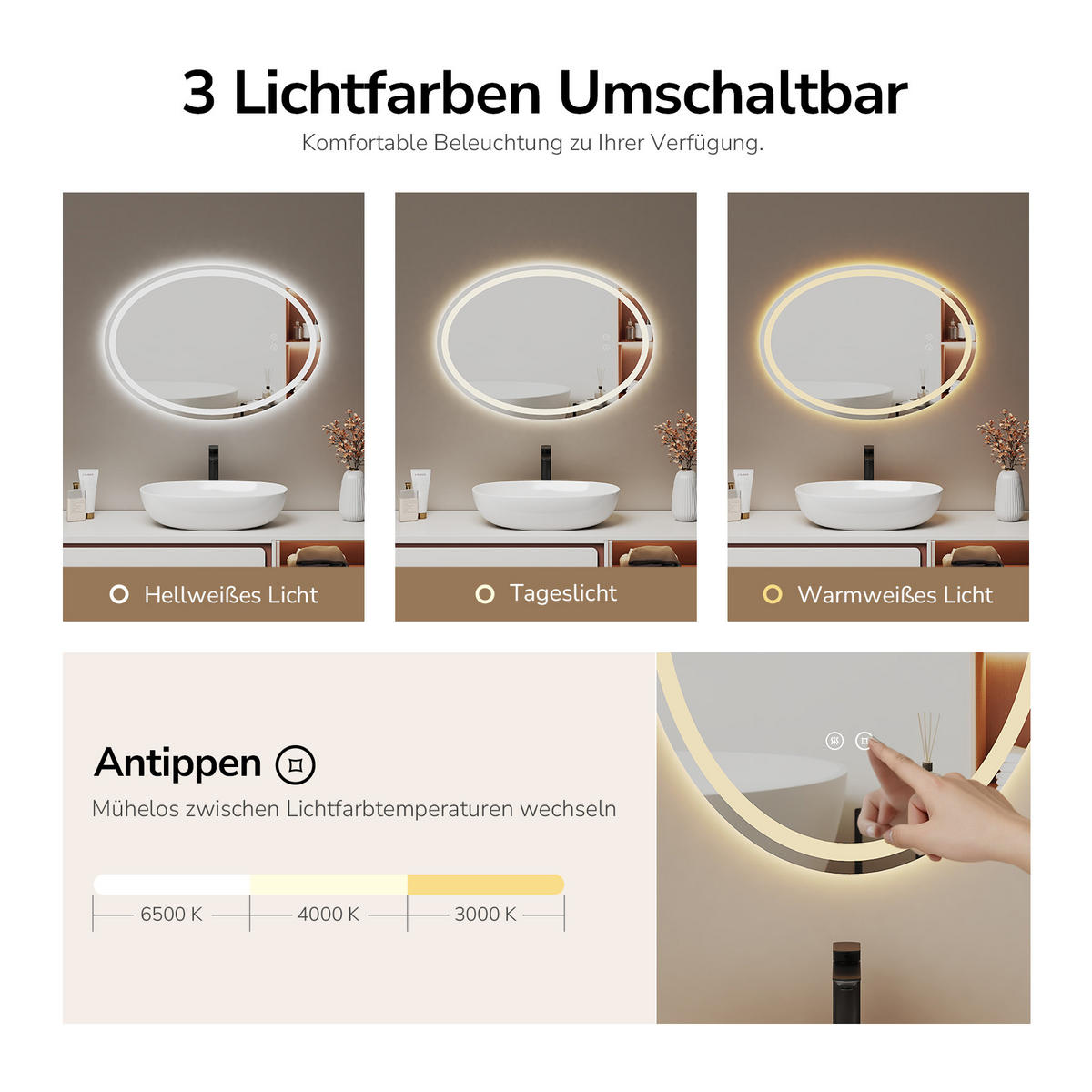 BADRUMSSPEGEL med LED-belysning, oval, 80/60/3 cm - Transparent, Glas (60/80/3cm) - EMKE