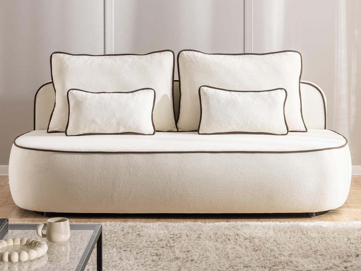 SCHLAFSOFA Vero im modernen und abgerundeten Design mit Bettkasten aus Creme Plüschstoff mit brauner Paspel - Creme/Schwarz, Holz/Kunststoff (210/90/98cm) - S-Style Möbel