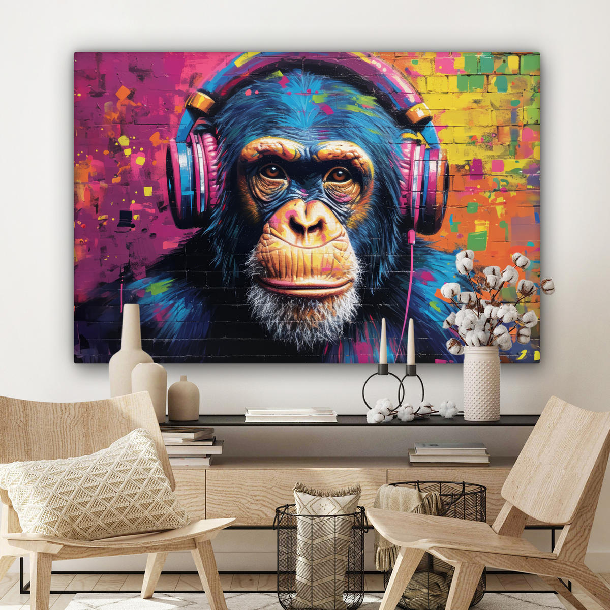 LEINWANDBILD Graffiti - Schimpanse - Straßenkunst - Kopfhörer - Affe Wohnzimmer Groß 120x80 cm - Blau, Textil (120/80cm) - MuchoWow