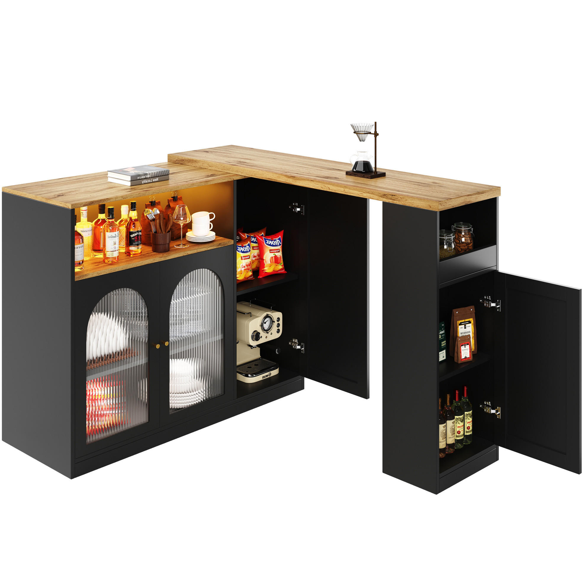 BAROVÝ stůl z MDF 197/39,6/100 cm s otočnou deskou 360°, LED osvětlením a skleněnými dvířky, Černá - černá, kompozitní dřevo (39.6/97/108cm) - Redom