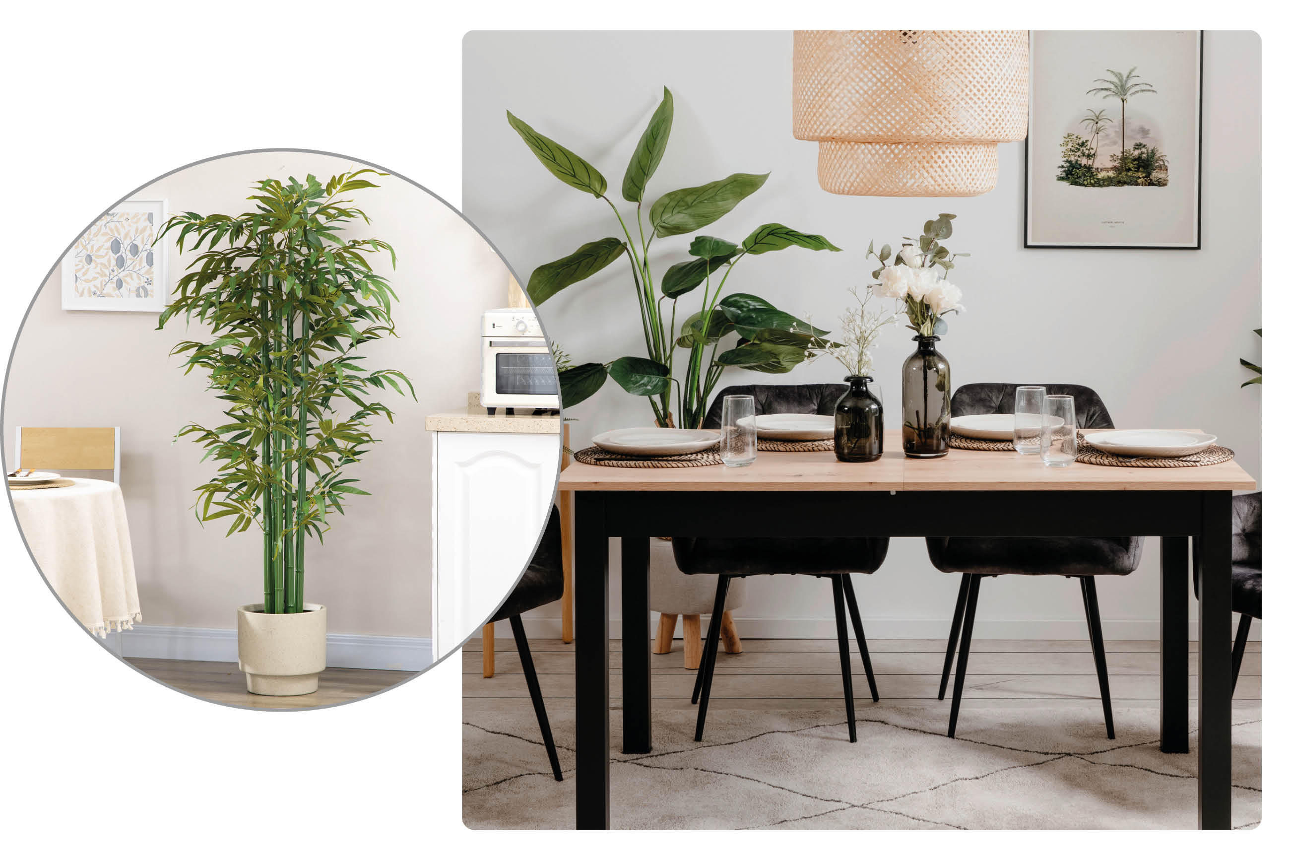 Esszimmer mit schwarzem Tisch, vier Stühlen, Pflanzen in Vasen auf dem Tisch und einem Bild an der Wand sowie Nahaufnahme einer großen Topfpflanze