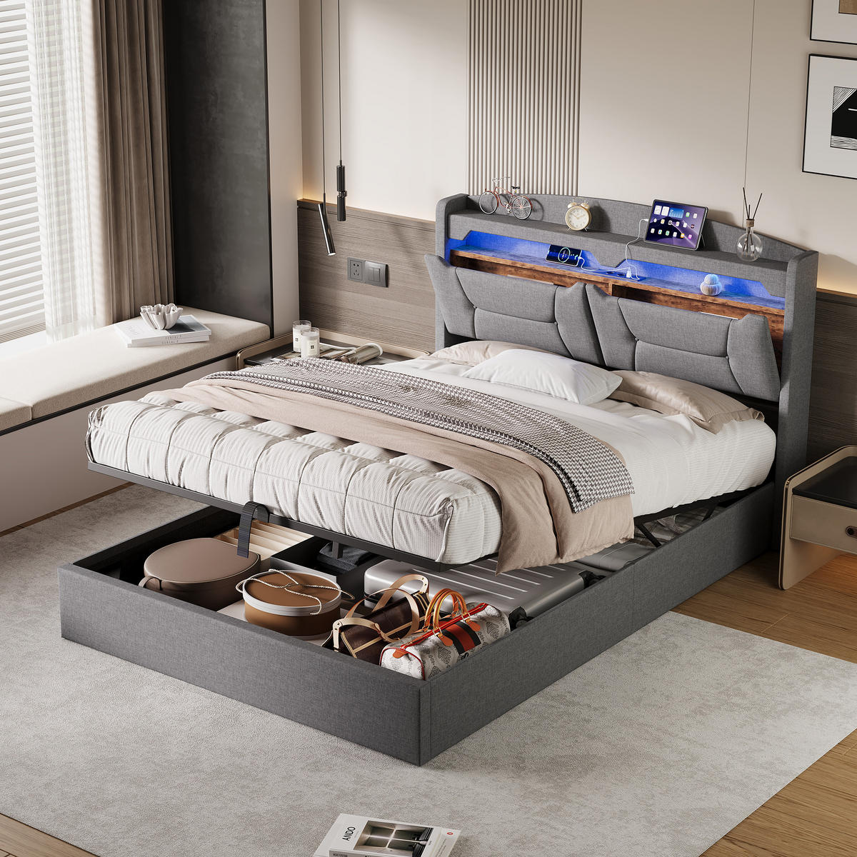 POLSTERBETT 140x190 cm Grau mit Stauraum, hydraulischem Bettkasten, LED Beleuchtung, Kopfteil mit Ablage und Steckdosen - Grau, Metall (140/190cm) - EuroLiving