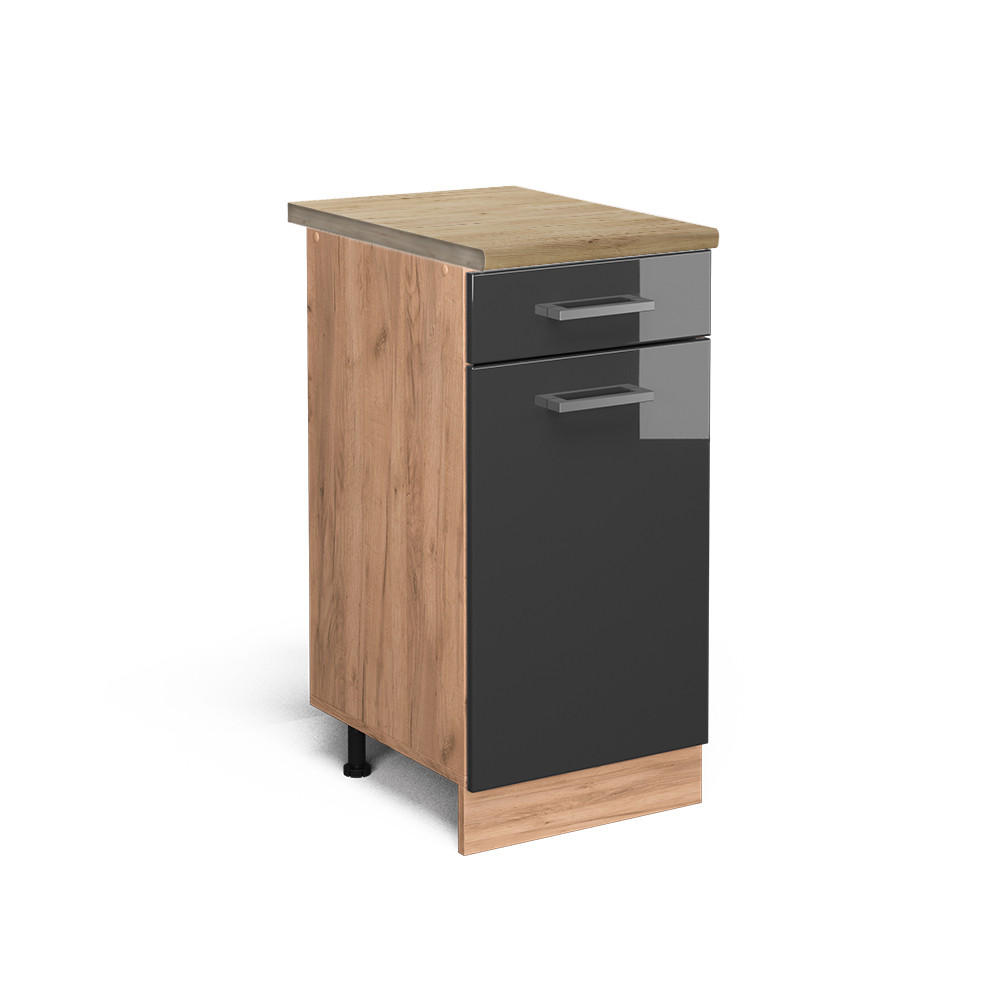 KÜCHENUNTERSCHRANK R-Line Anthrazit Hochglanz 40 cm, AP Eiche - Anthrazit/Eiche Wotan, Holzwerkstoff (40/81.6/60cm) - Vicco
