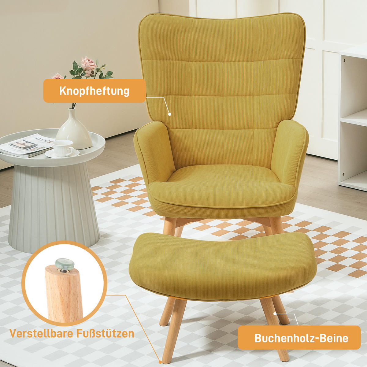 AKZENTSESSEL DE-07538 mit Hocker, Cord-Optik und Holzbeinen Orange - Orange, Textil (80/101/72cm) - ComfortXL