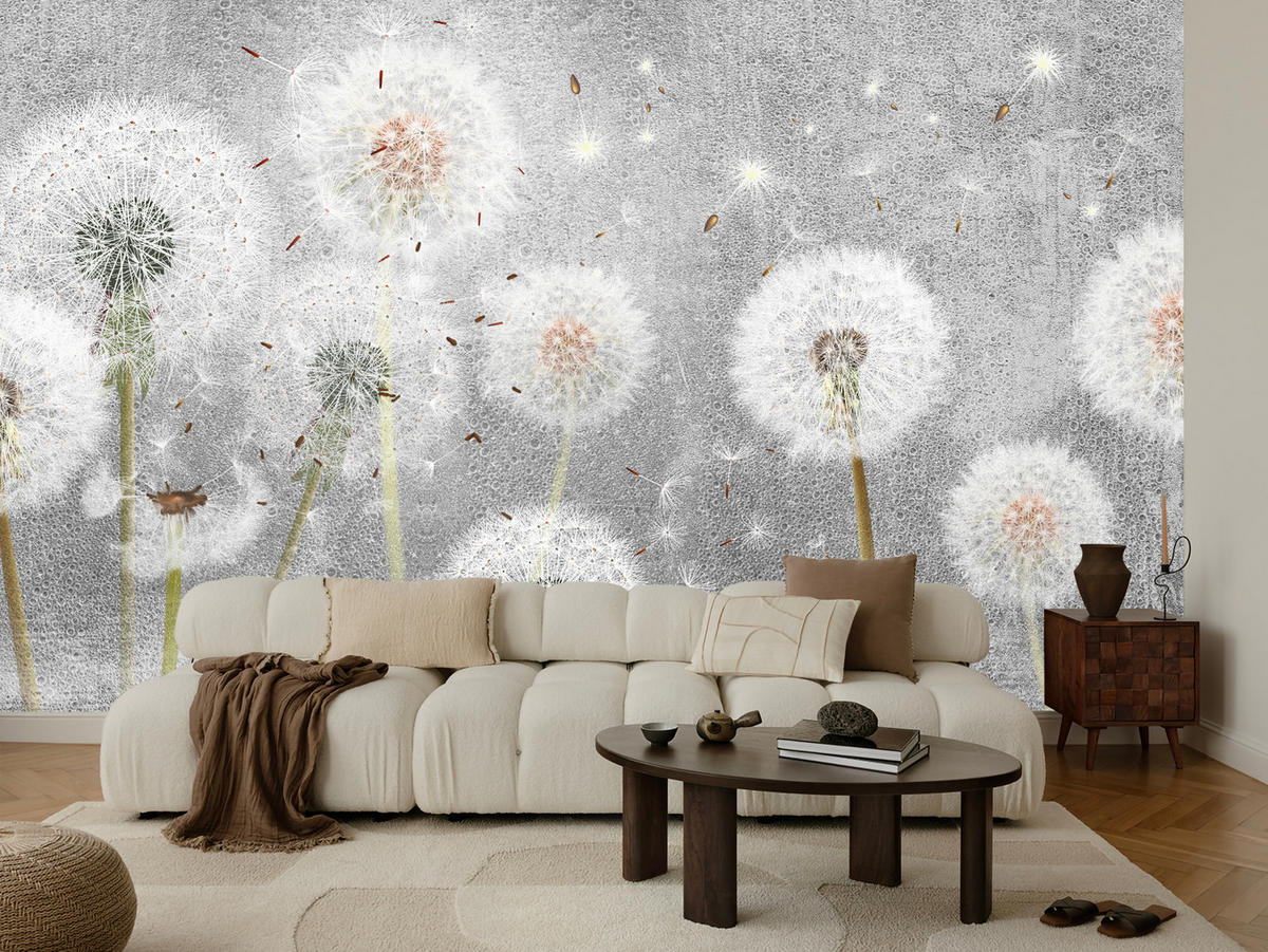 FOTOTAPETE für Schlafzimmer Retro Löwenzahn Beton Minimalistisch 450x315 - Gelb/Weiß, Papier (450/315cm) - Muralo