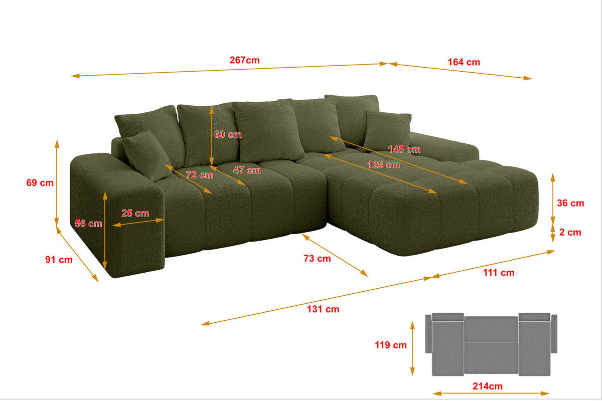 ECKSOFA Ottomane Rechts ENSI-L - 267x164x69 cm Olivgrün - Olivgrün, Holzwerkstoff/Kunststoff (164/267cm) - ALTDECOR
