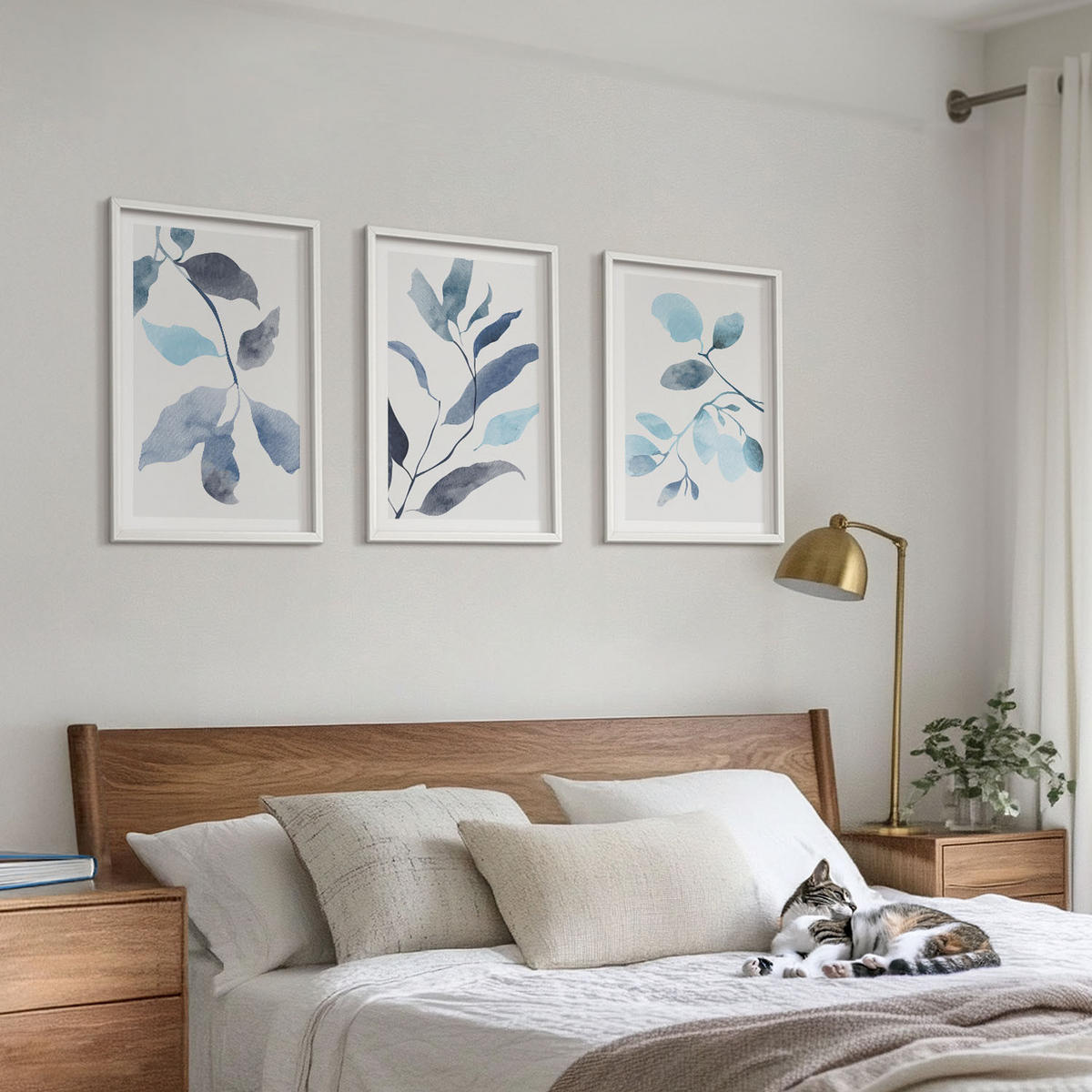 WANDBILDER 3er-Set - 40x60 cm Weißer Rahmen - Aquarell von blauen Blättern - Weiß, Kunststoff (40/60cm) - ArtPrintCave