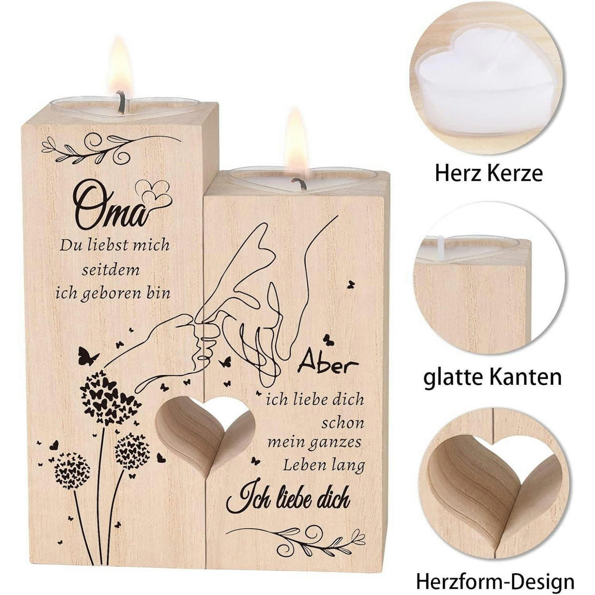 KERZENSTÄNDER Holz Herzform für Oma 12 x 10 x 4.5 cm - Hellbraun, Holz (10cm)