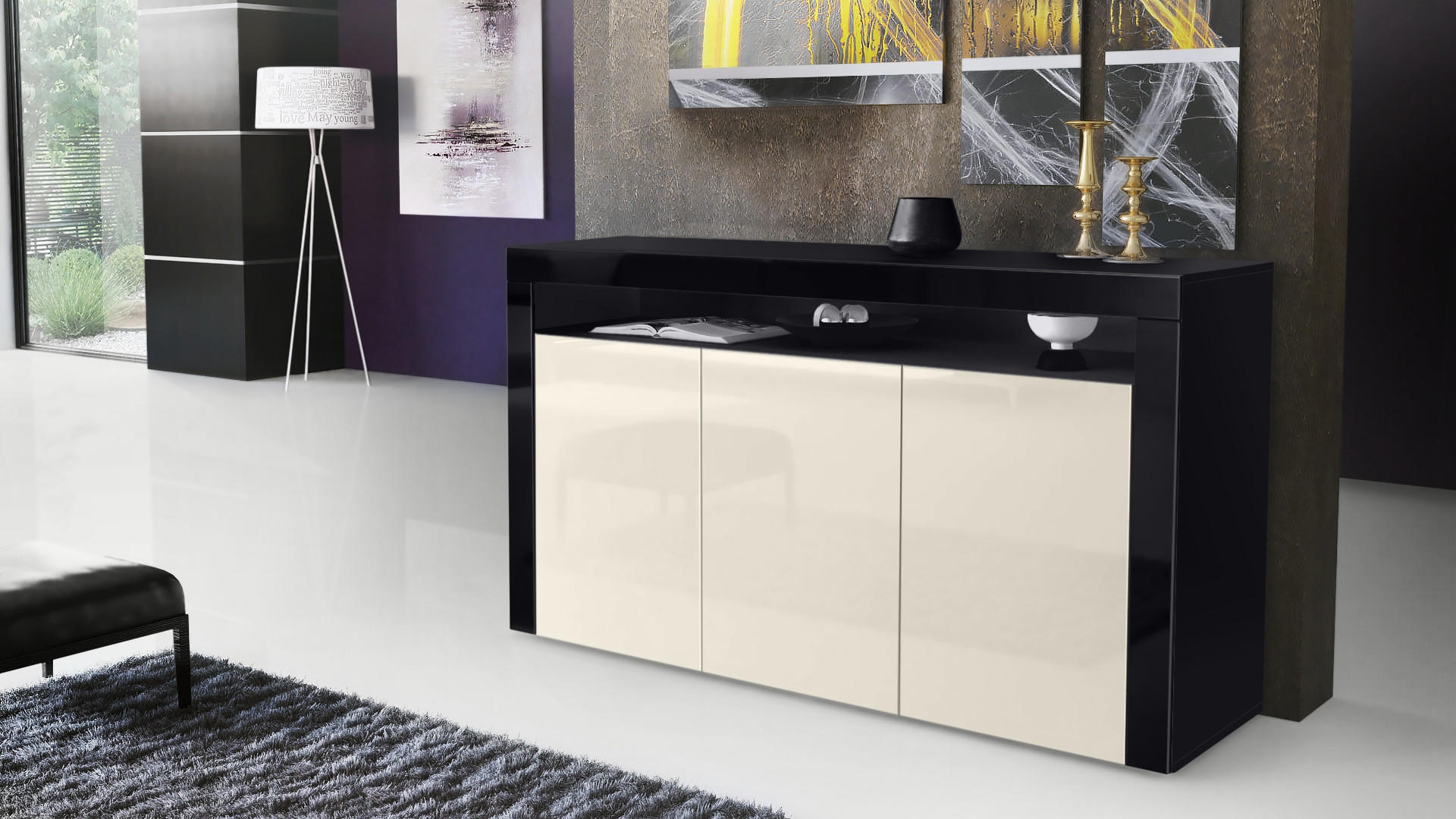 SIDEBOARD Valencia Creme Hochglanz / Schwarz Hochglanz - Creme, Holzwerkstoff (155/92/40cm) - Vladon
