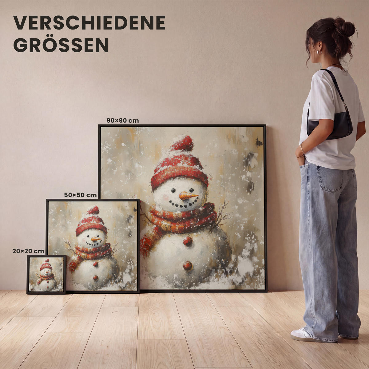 LEINWAND Bilder mit Rahmen - Schneemann - Winter - Schnee - Beige - 50x50 - Weiß, Textil (50/50cm) - MuchoWow