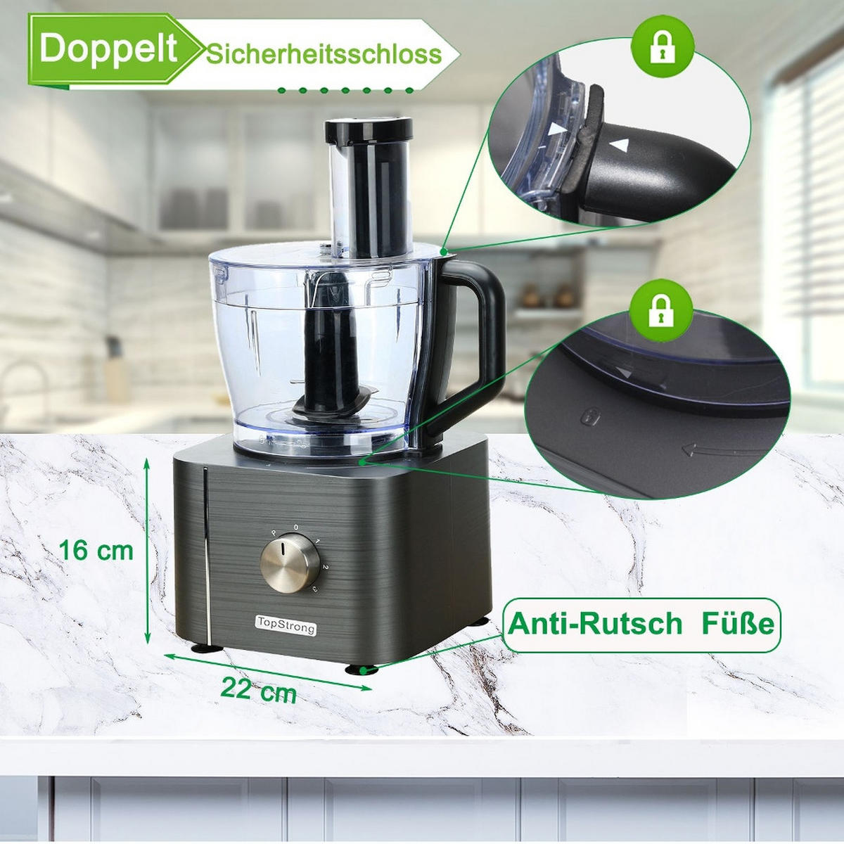 KÜCHENMASCHINE MULTIFUNKTIONS, 1100W Leistung, HACKEN SCHNEIDEN KNETEN, Edelstahl, 40,7/27,2/40,7 cm - Dunkelgrau, Metall (27.2/40.71/40.71cm) - Rolipo