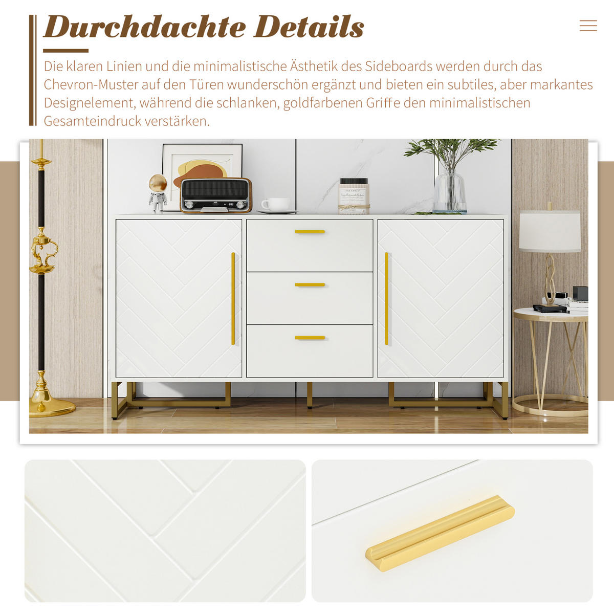 SIDEBOARD mit 2 Türen und 3 Schubladen in Weiß – modernes Design mit Fischgrätenmuster - Weiß, Holzwerkstoff (145/75/40cm) - BEAOK
