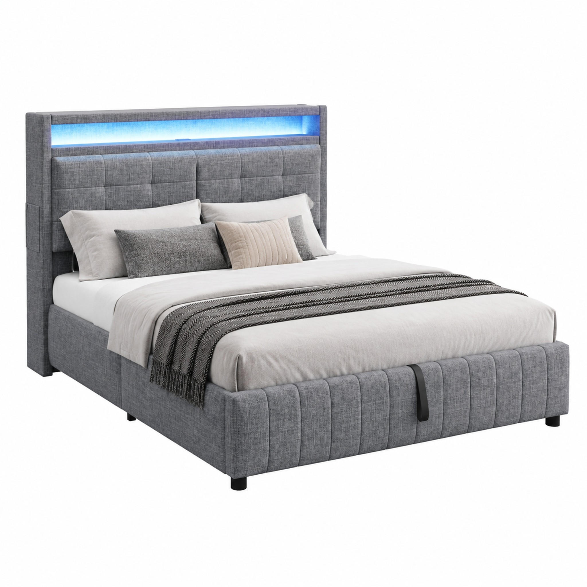 POLSTERBETT mit LED, USB und Stauraum 160x200 cm Leinenstoff Grau - Grau, Metall (160/200cm) - Meubliv