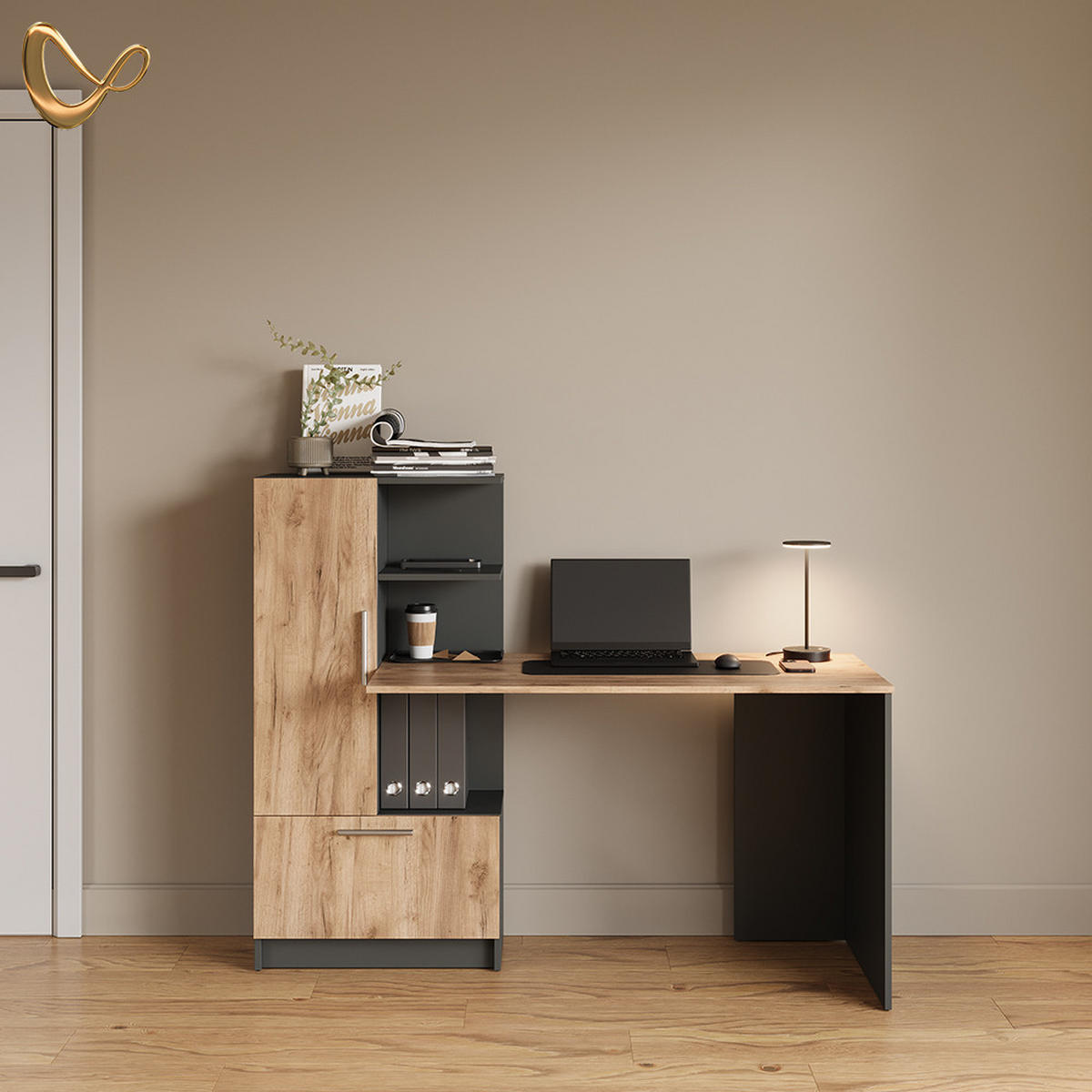 SCHREIBTISCH Lorena Anthrazit/Goldkraft Eiche 150 x 120.1 cm mit 2 Türen - Anthrazit, Holzwerkstoff (59.3/150/120.1cm) - Livinity®