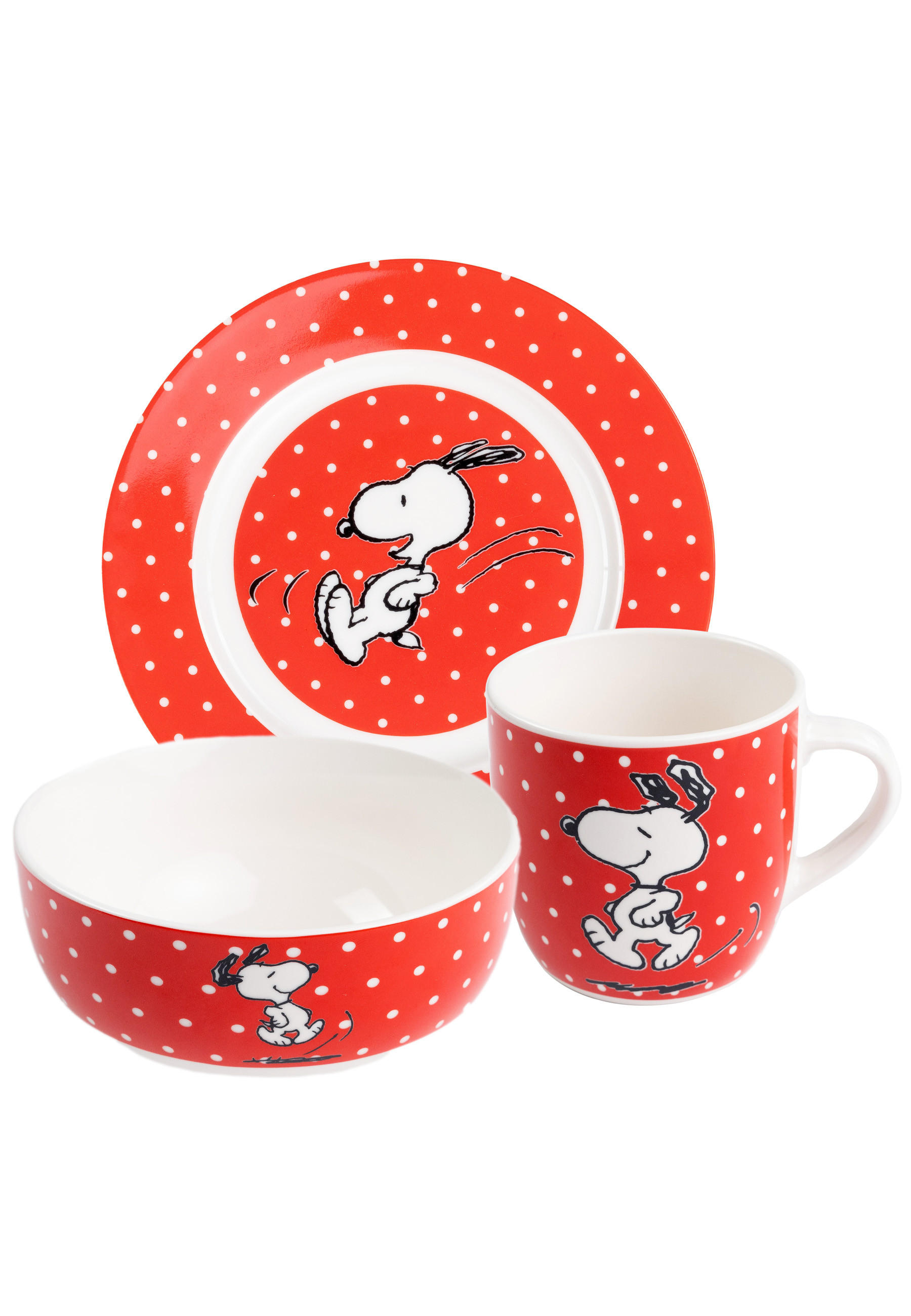 FRÜHSTÜCKSSET The Peanuts Snoopy Rot mit Punkten 3-teilig - Rot, Keramik (23.8/11.2/23.3cm) - United Labels