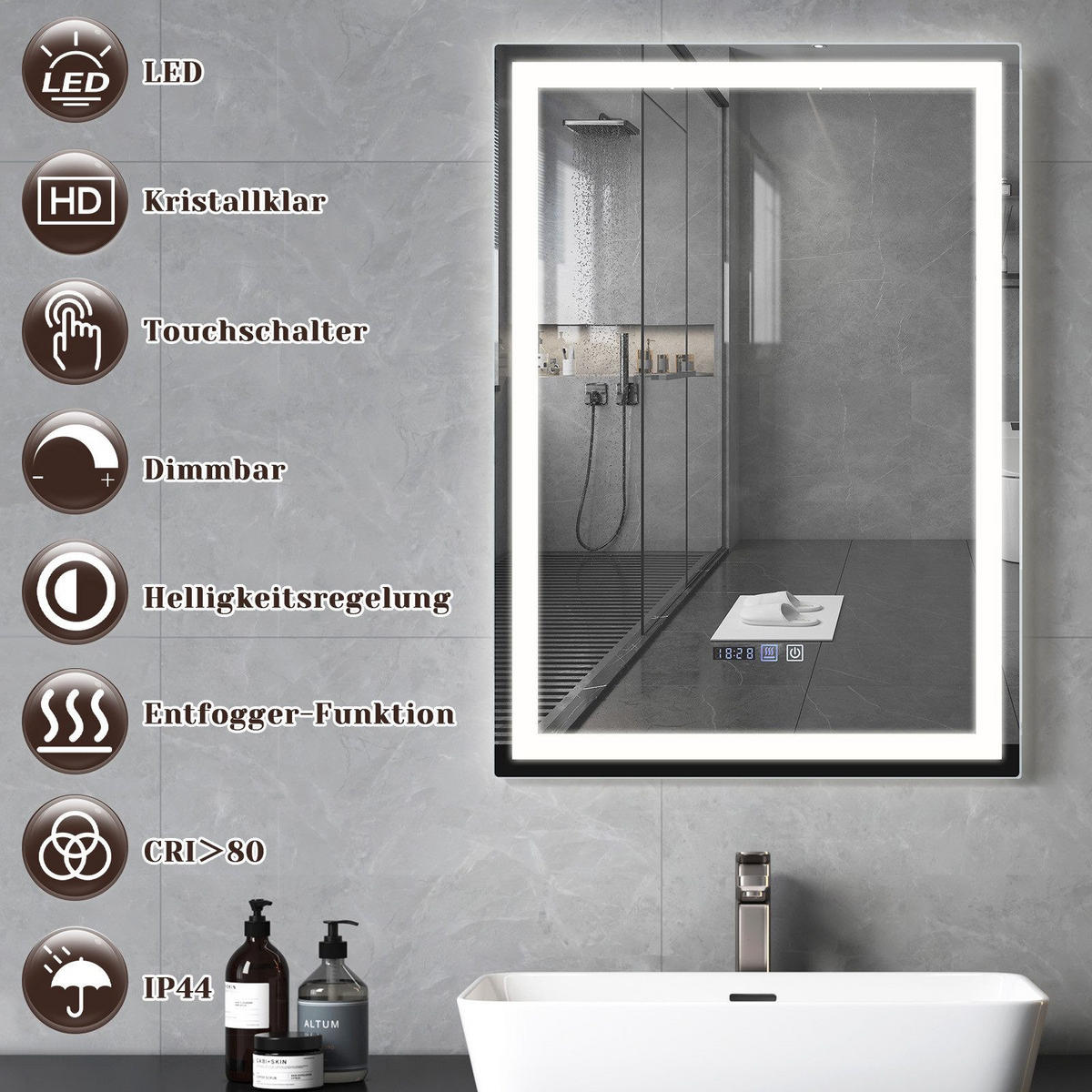 BADEZIMMERSPIEGEL Jena mit LED-Leuchte 50/70/3 cm - Weiß, Glas (70/3/50cm) - Nettlife