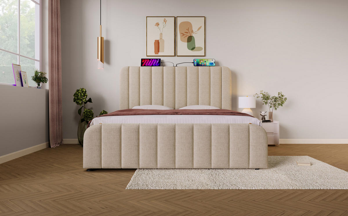 POLSTERBETT 180/200 cm Beige aus Leinenstoff mit Stauraum - Beige, Textil (180/200cm) - OKMYHOME