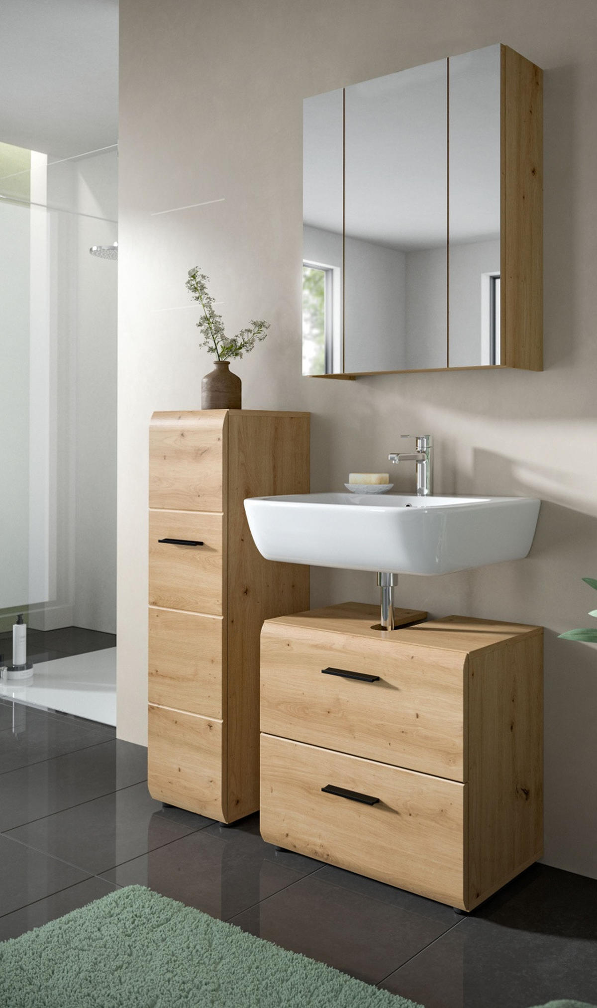 BADMÖBEL SET 2-teilig in Artisan Eiche, Badkombination 60 x 185 cm, Cover - Eichefarben/Schwarz, Glas/Holzwerkstoff (60/185/30cm) - Inn.Furn