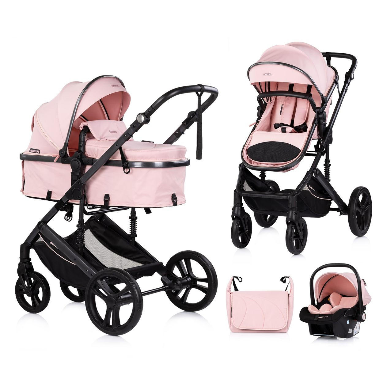 KOMBIKINDERWAGEN Amore 3 in 1 rosa pink Babyschale Adapter Wickeltasche Fußabdeckung - Rosa, Metall (95/63/105cm) - Chipolino