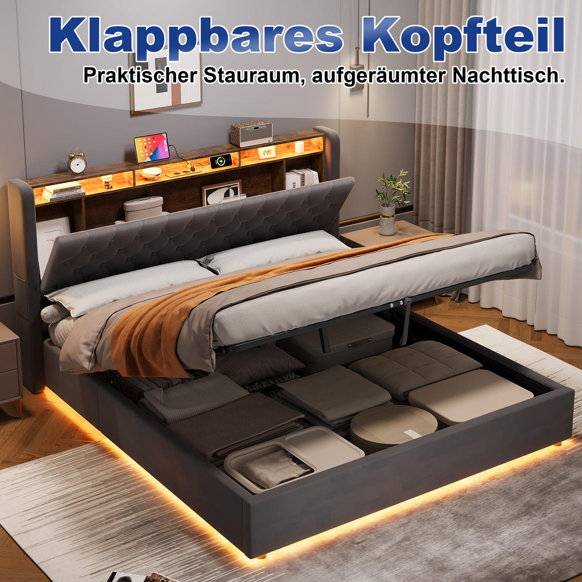 POLSTERBETT 180/200 cm in Dunkelgrau Samt mit Bettkasten, LED-Beleuchtung und USB-Anschluss - Dunkelgrau, Holzwerkstoff/Textil (180/200cm) - CHICFURN
