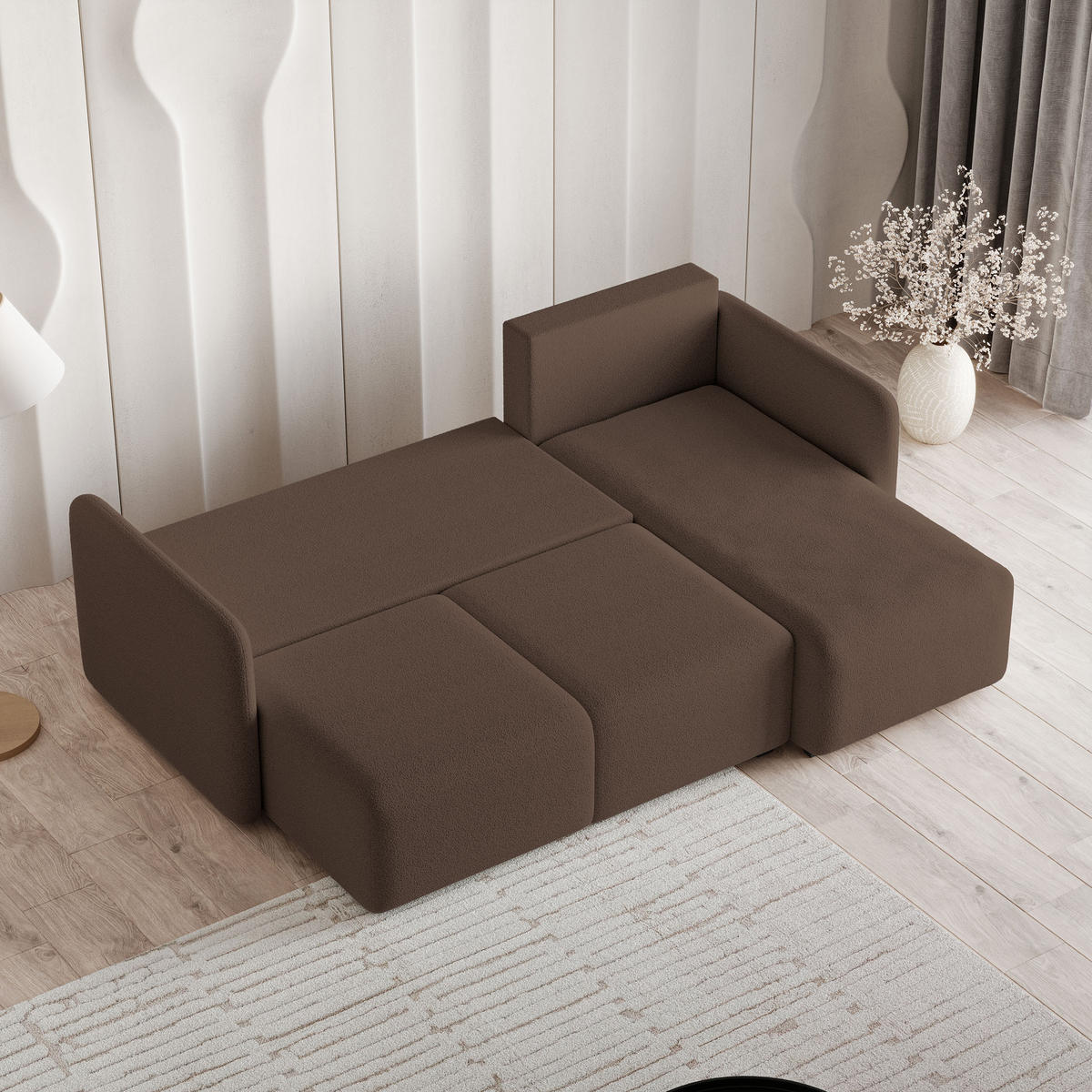 ECKSOFA SUVINO Braun Boucle-Stoff mit Schlaffunktion - Braun, Holz (230/143cm) - MASSENO