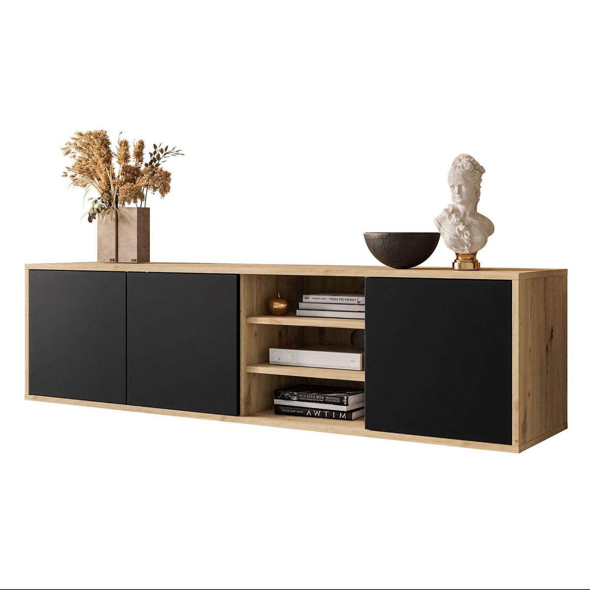 TV-ELEMENT SANAYI Hängend mit Regalen Eiche Artisan/Schwarz - Schwarz, Holzwerkstoff (156/41/38cm) - Lookway