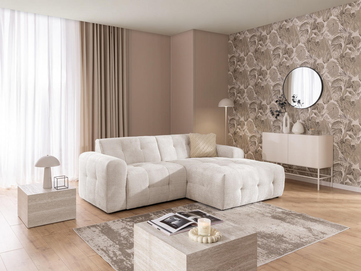 ECKSOFA Kozy im Bumpy-Design mit fester Rückenlehne aus weichem Beige Chenille-Stoff - Ottomane rechts - Beige/Creme, Holz/Kunststoff (234/161cm) - S-Style Möbel