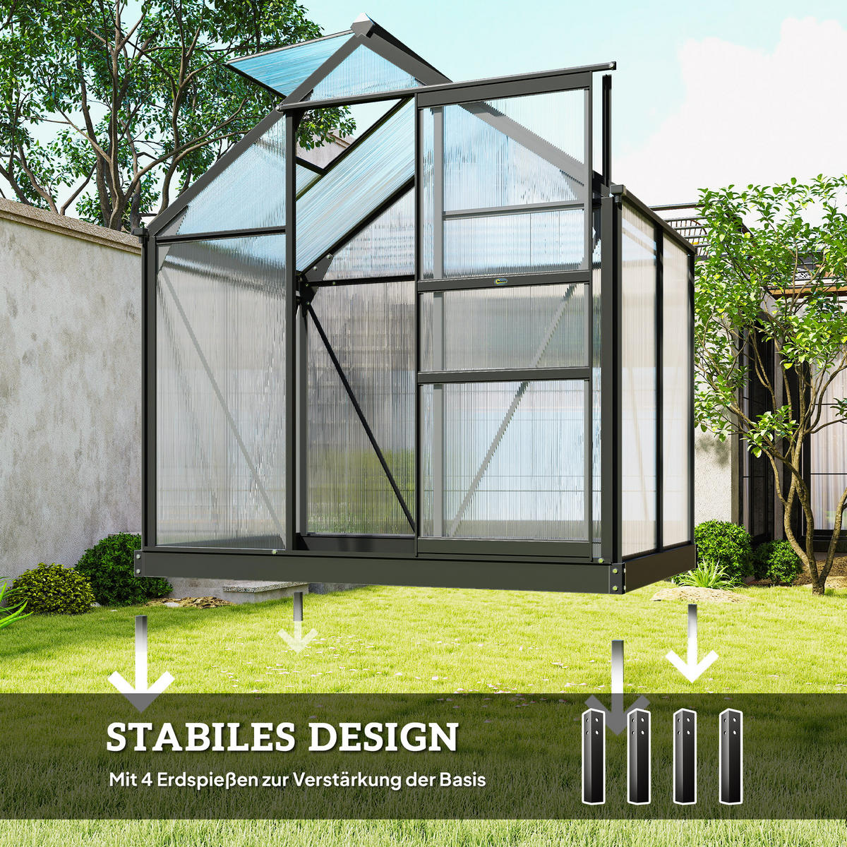 GEWÄCHSHAUS mit Dachfenster mit Tür mit Fundament, Alu+Polycarbonat, Grau+Transparent - Transparent/Grau, Kunststoff/Metall (132/201/190cm) - Outsunny