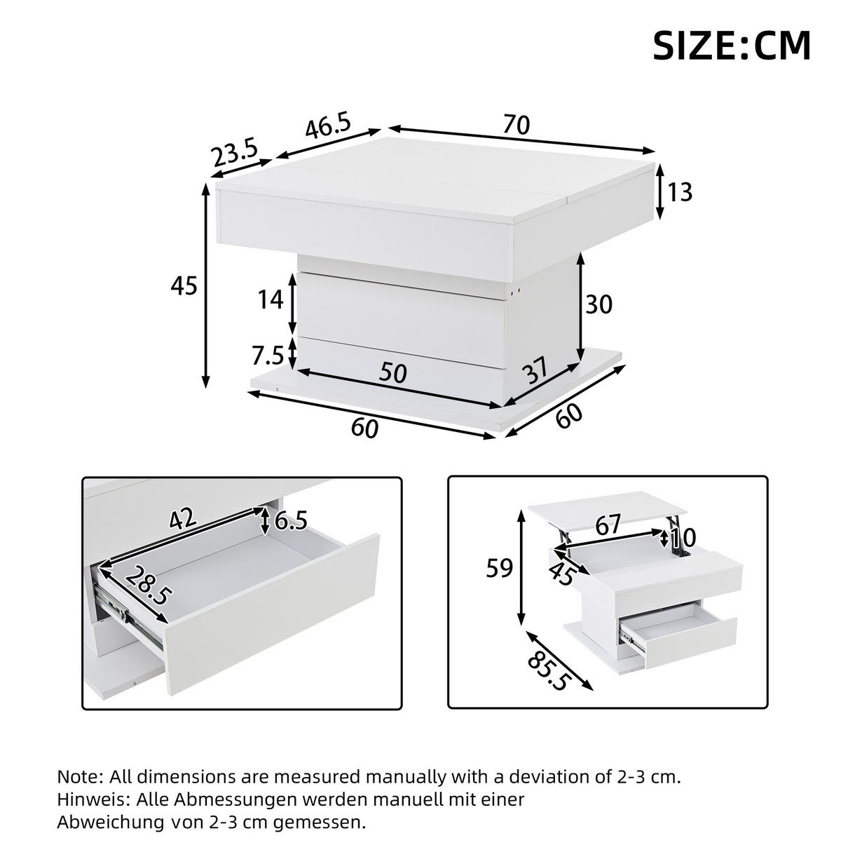 COUCHTISCH 70/70 cm höhenverstellbar mit 1 Schublade und 360° Drehfunktion - Weiß, Holzwerkstoff (70/70/45cm) - BEAOK