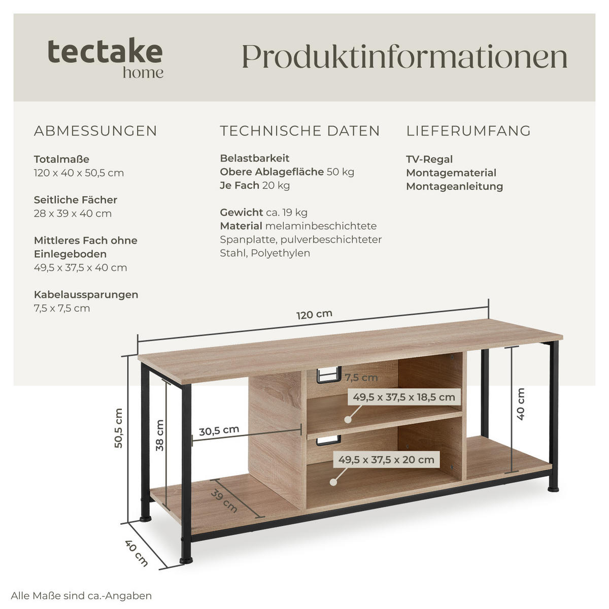 TV-REGAL Denver,120 x 40 x 50,5 cm,Industrial Holz hell, Eiche Sonoma - Naturfarben, Holzwerkstoff (40/50.5/120cm) - tectake