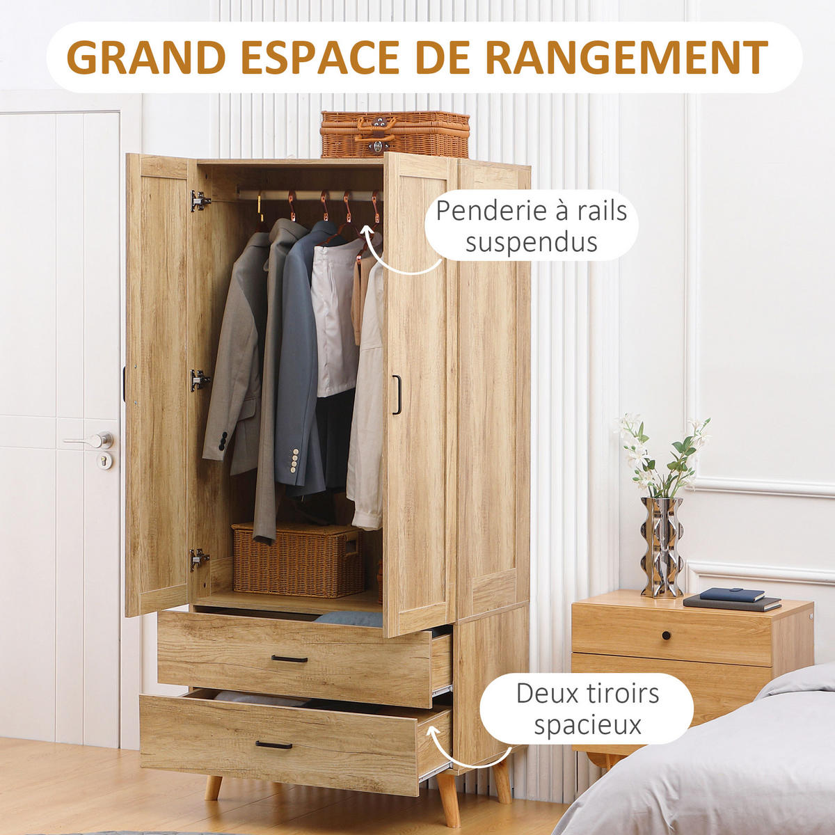 KLEIDERSCHRANK DE-17167 2 Türen & 2 Schubladen mit Kleiderstange Natur - Naturfarben, Holzwerkstoff (54/180/80cm) - ComfortXL