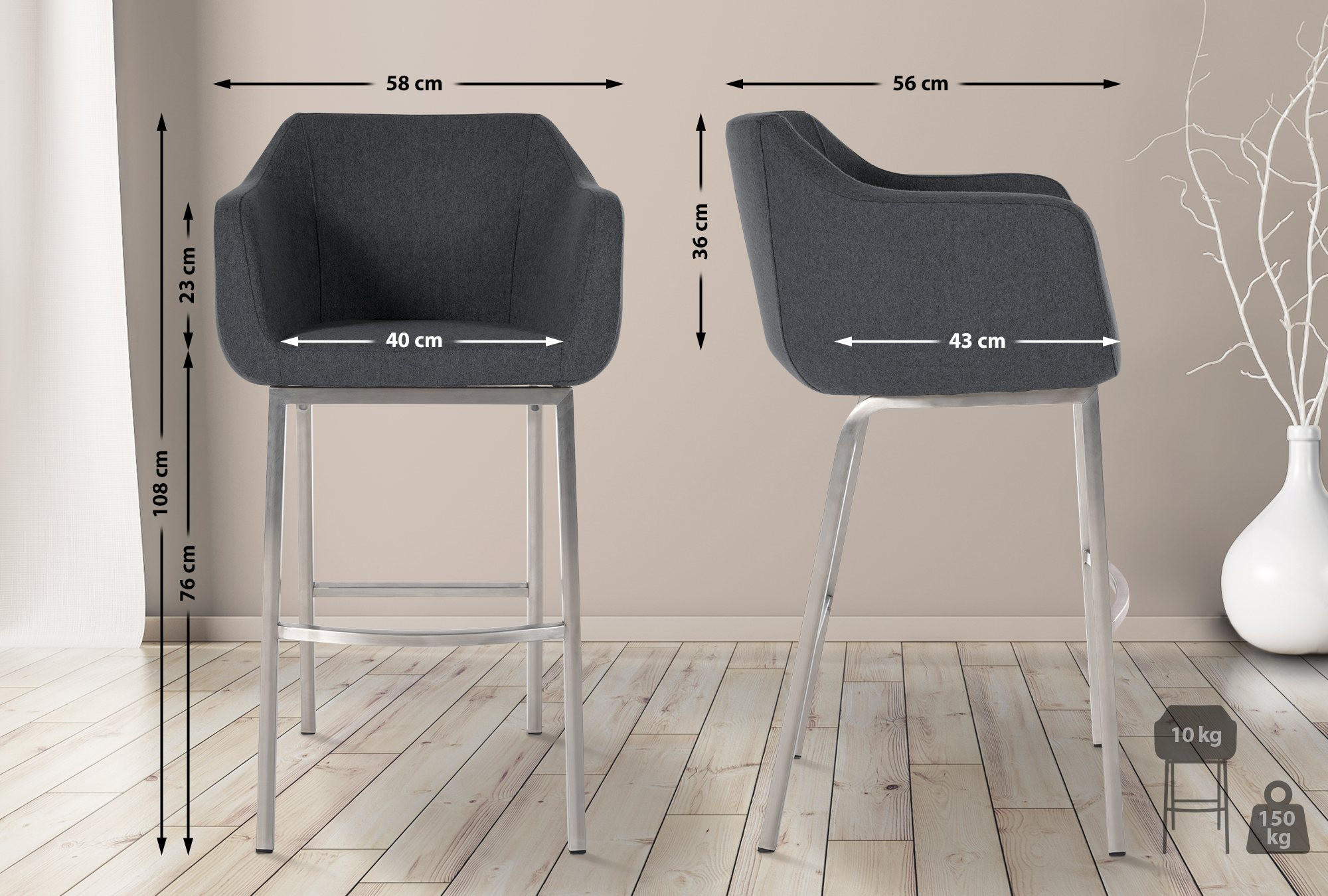 BARHOCKER Filz grau - Edelstahlfarben/Grau, Textil/Metall (58/108/56cm) - CLP