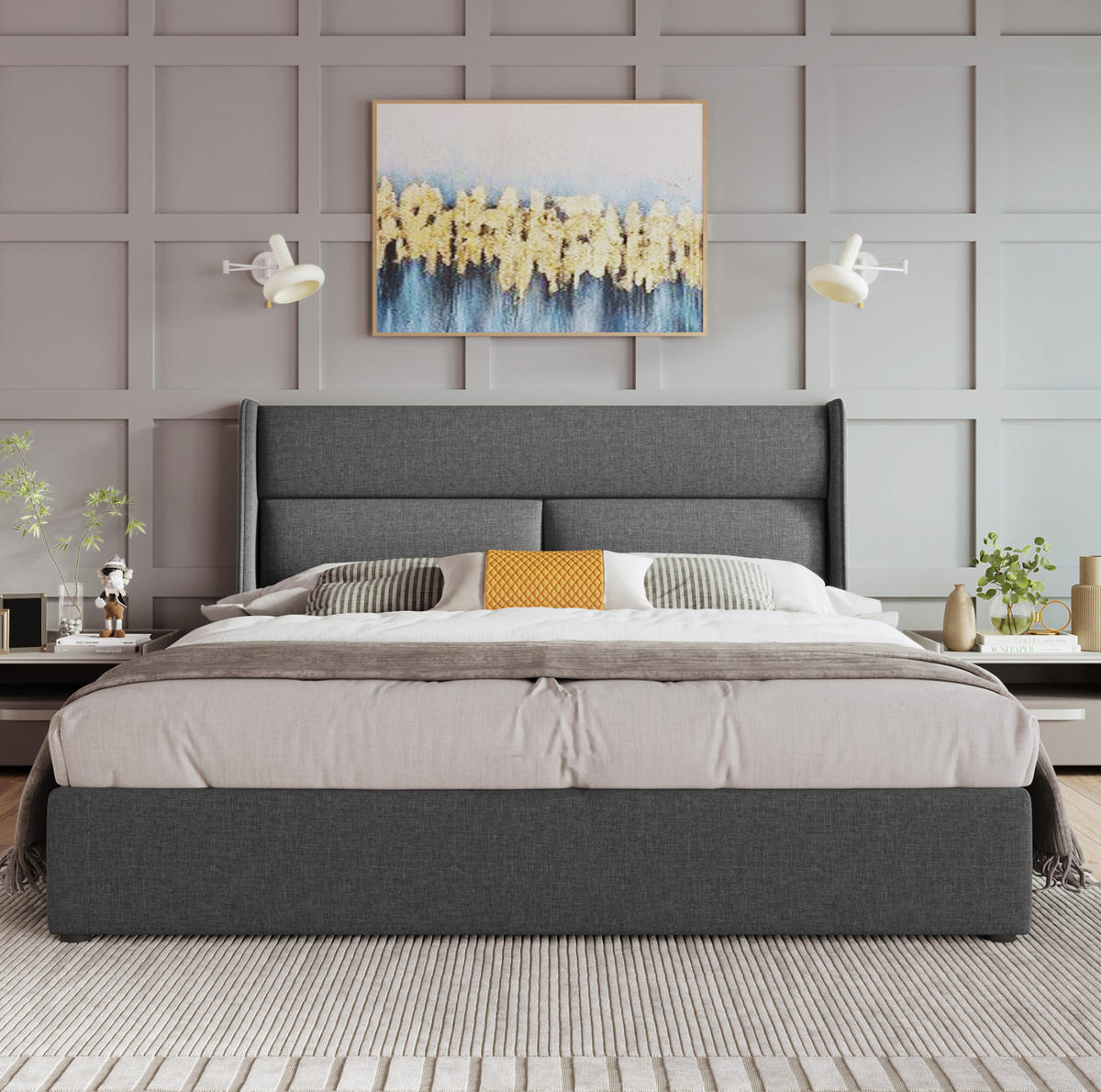 ČALÚNENÁ posteľ 140/200 cm sivá s úložným priestorom a nastaviteľným čelom z ľanovej tkaniny - sivá, textil (140/200cm) - OKWISH