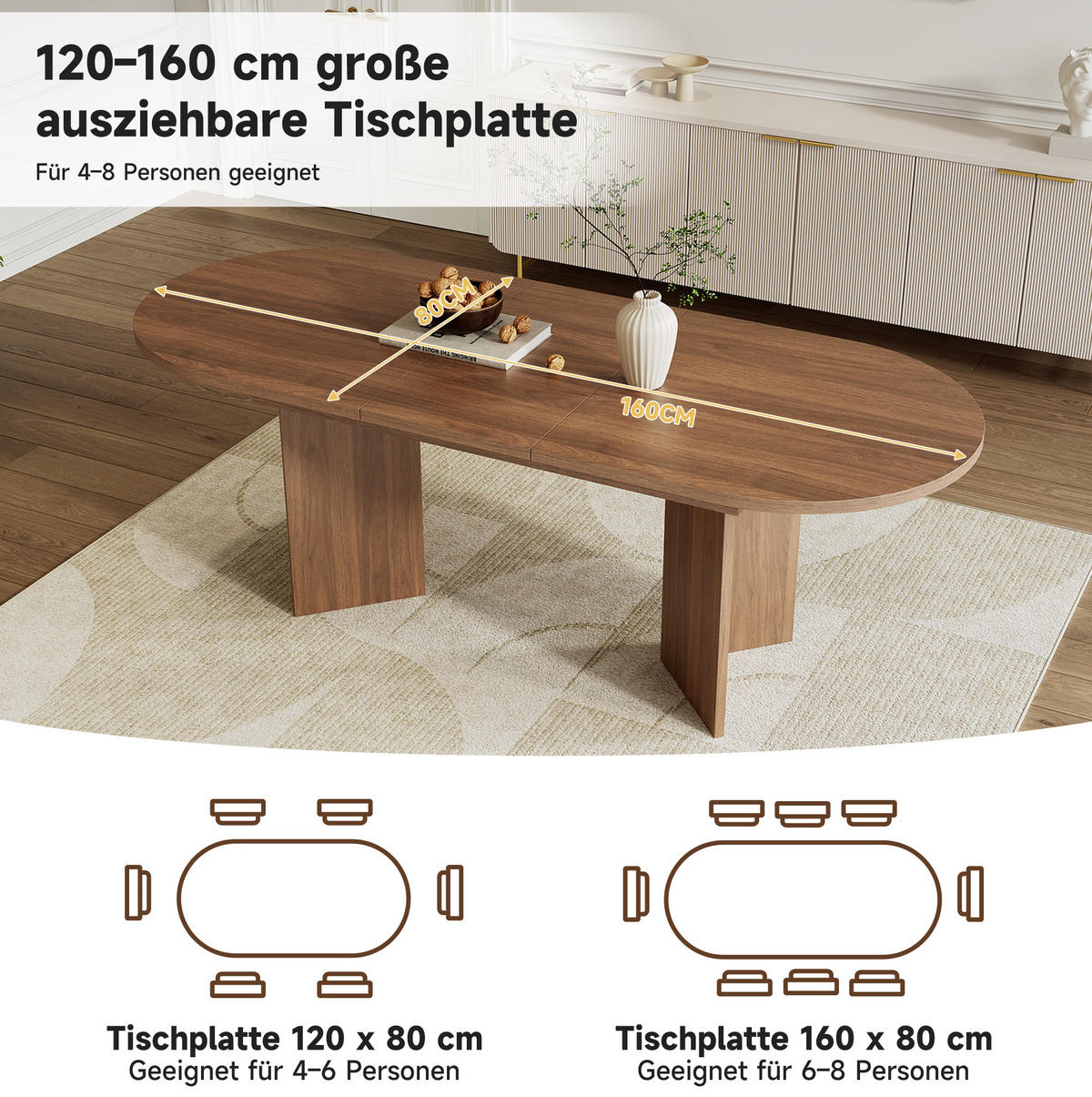 AUSZIEHBARER Esstisch aus MDF 160x80x75 cm Walnuss mit abgerundeten Ecken und 18 mm Tischplatte - Walnussfarben, Holzwerkstoff (160/80/75cm) - Modfu
