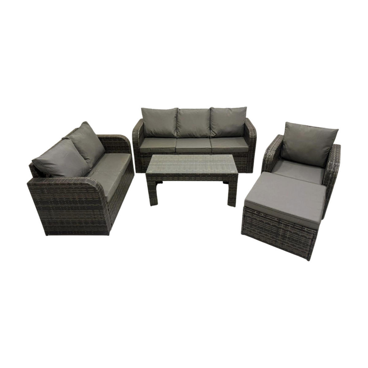 GARTENSOFA SET mit rechteckigem COUCHTISCH Polyrattan 7-Sitzer Dunkelgrau - Dunkelgrau/Grau, Glas/Kunststoff - Fimous