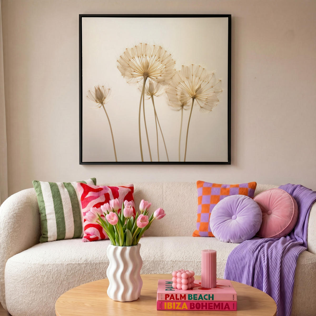 LEINWAND Bilder mit Rahmen - Sonnenlicht - Löwenzahn - Botanisch - Blumen - 90x90 - Creme, Textil (90/90cm) - MuchoWow