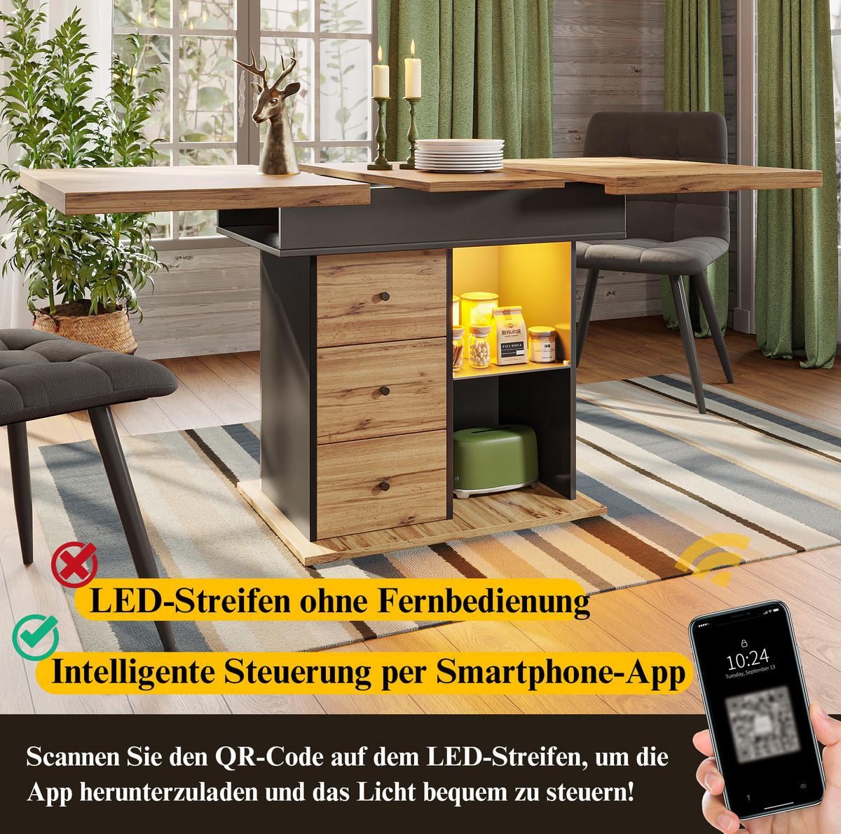 AUSZIEHTISCH 110-140/80/75 cm in Schwarz/Natur mit LED-Beleuchtung & Stauraum - Schwarz, Holzwerkstoff (110/80/75cm) - BEAOK