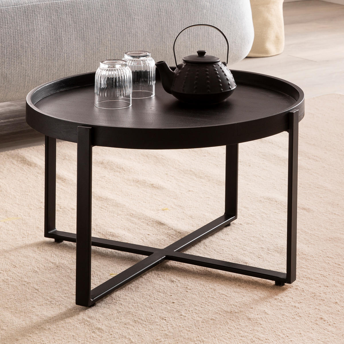 COUCHTISCH Schwarz Mango Massivholz Metall, Rund mit erhöhtem Rand, 60x60x35 cm - Schwarz, Holz/Metall (60/60/35cm) - KADIMA DESIGN