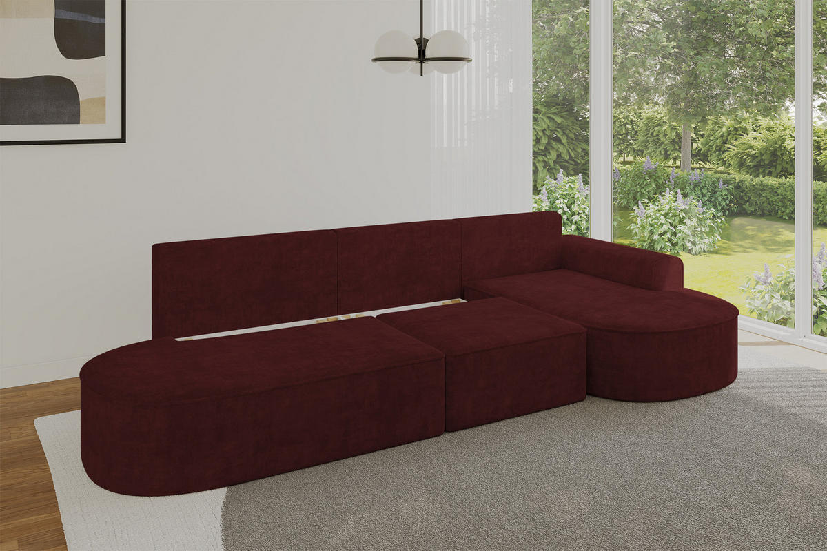 ECKSOFA mit Schlaffunktion Ottomane RECHTS MARI L2-S 368X167X85 Bordeauxrot Velours - Bordeaux/Schwarz, Holzwerkstoff/Kunststoff (167/368cm) - ALTDECOR