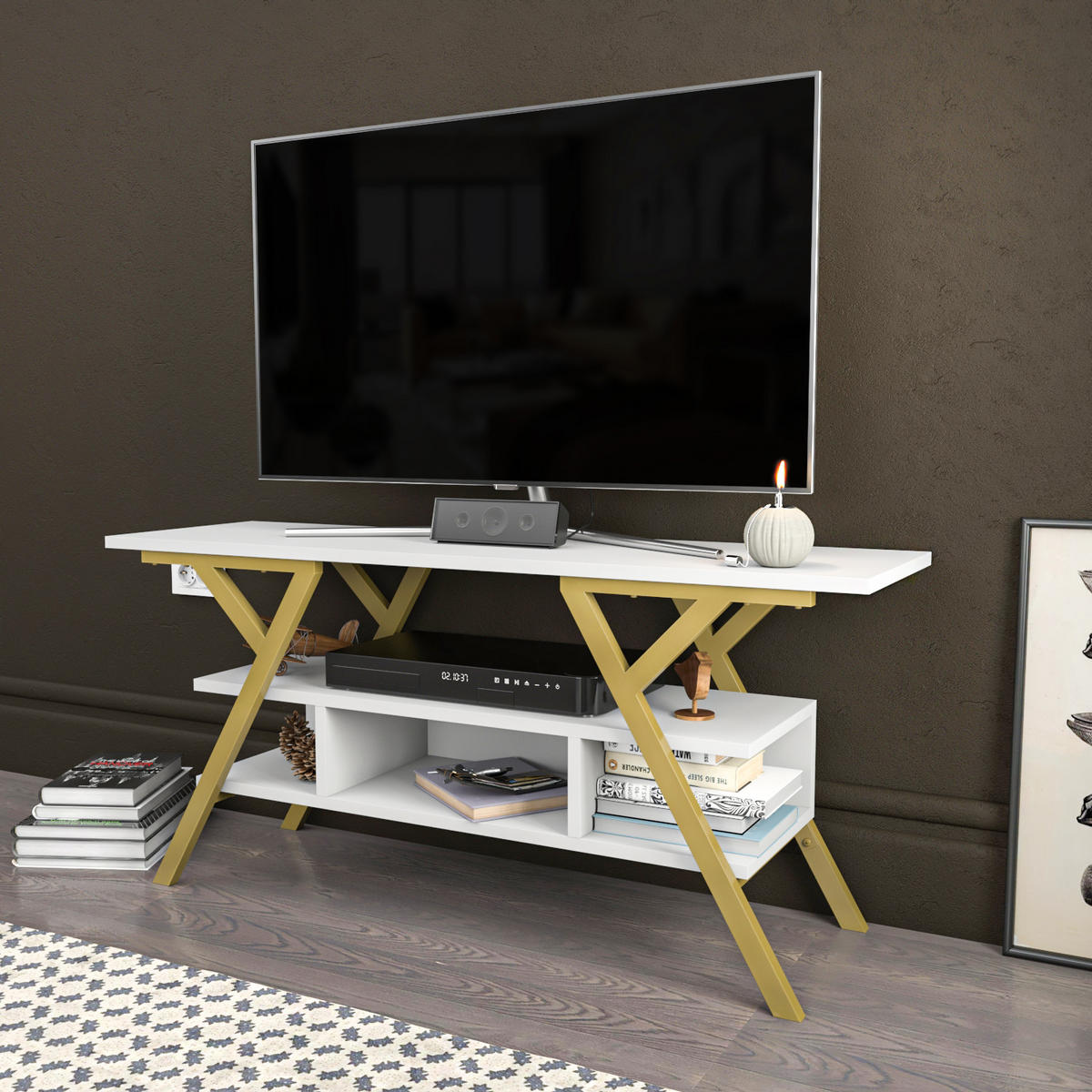 TV Stand Minerva Gold Weiß - Goldfarben/Weiß, Holzwerkstoff (120/55/35cm) - Decorotika