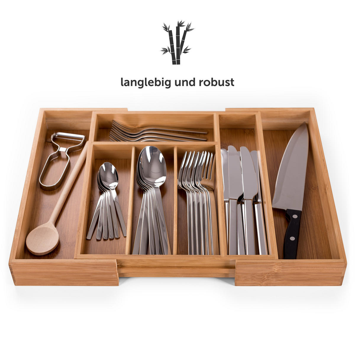 BESTECKKASTEN größenverstellbar 5 - 7 Fächer Bambus - Eichefarben, Holz (29/5/33cm) - Blumtal