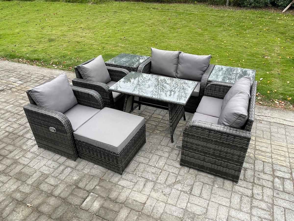 BALKONSET mit ESSTISCH SOFA Polyrattan Dunkelgrau 7-Sitzer - Dunkelgrau/Grau, Glas/Kunststoff - Fimous