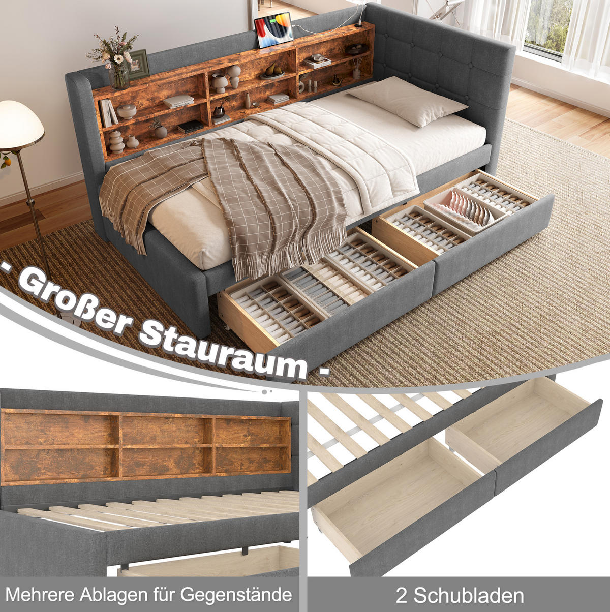 POLSTERBETT 90/200 cm grau aus Leinen mit 2 Schubladen und USB-Anschluss - Grau, Textil (90/200cm) - OKMYHOME