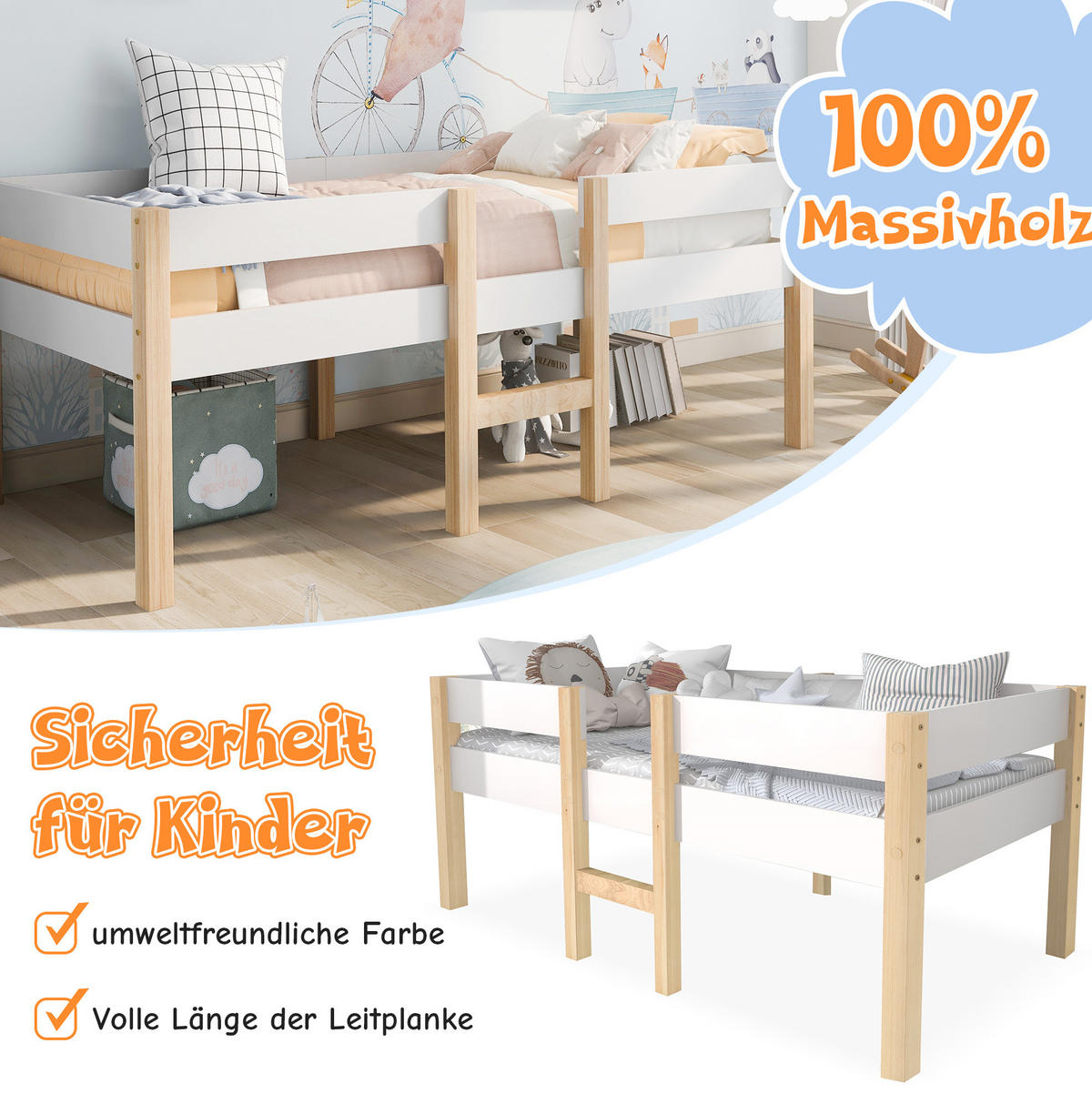 HAUSBETT 90/190 cm Weiß aus Kiefer-Massivholz mit Rausfallschutz - Weiß, Holz (90/200cm) - OKMYHOME