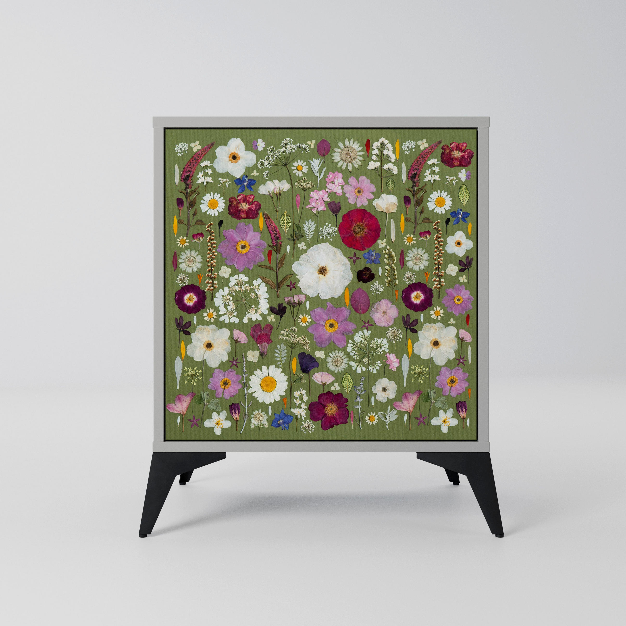 SIDEBOARD WILD GARDEN, Grau, 57,5x42x70,5 cm, Schwarze Metall-Sternfüße - Multicolor/Schwarz, Holzwerkstoff/Metall (57.5/70.5/42cm) - SpaceRebels