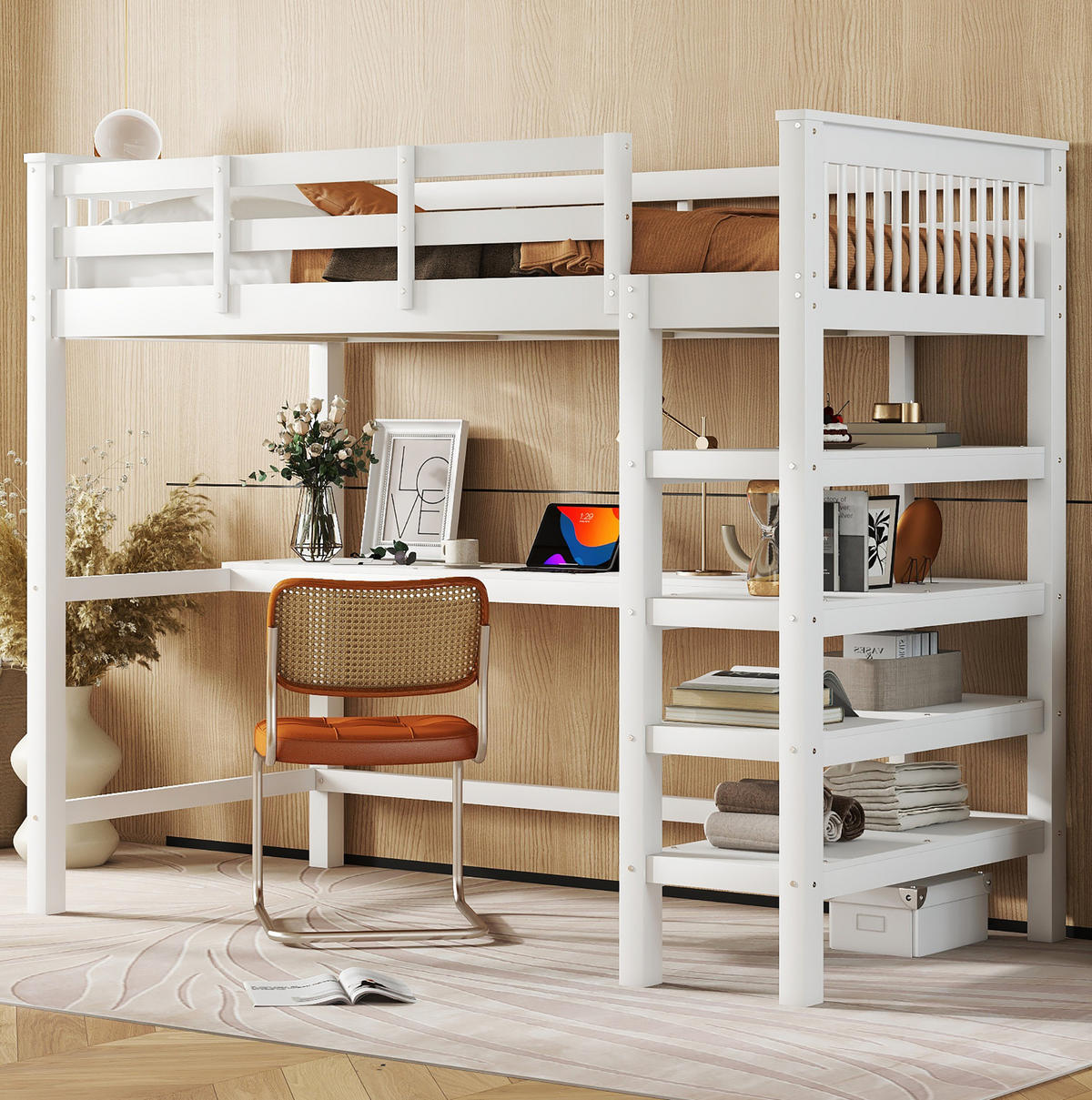HOCHBETT 90/200 cm aus Kiefer und MDF mit Schreibtisch und Ablagefächern Weiß - Weiß, Holzwerkstoff (90/200cm) - Modenvie
