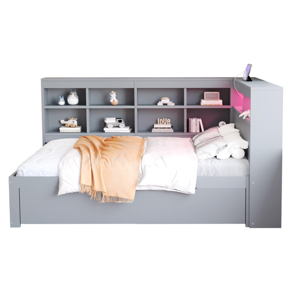 RAHMENBETT LED-Massivholzsofa 140/200 cm Grau mit Stauraum USB-Anschluss - Grau, Holz (140/200cm) - OKWISH