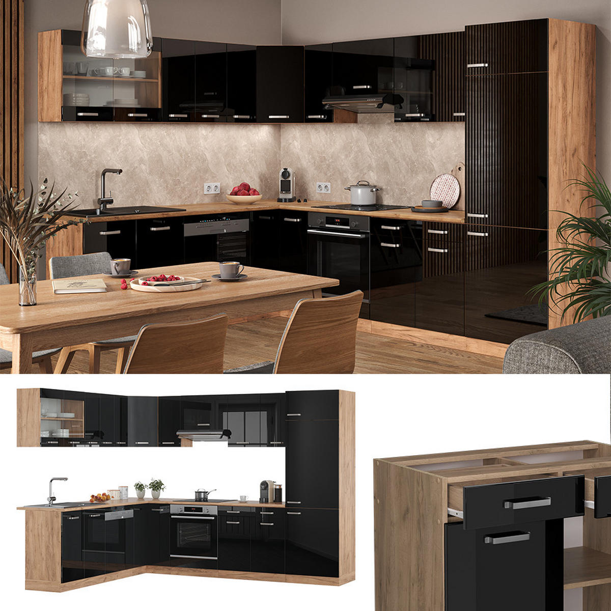 ECKKÜCHE R-Line Schwarz Hochglanz/Goldkraft Eiche 227 x 287 cm ohne AP - Honigeiche/Schwarz Hochglanz, Holzwerkstoff (287/81.6/46cm) - Vicco