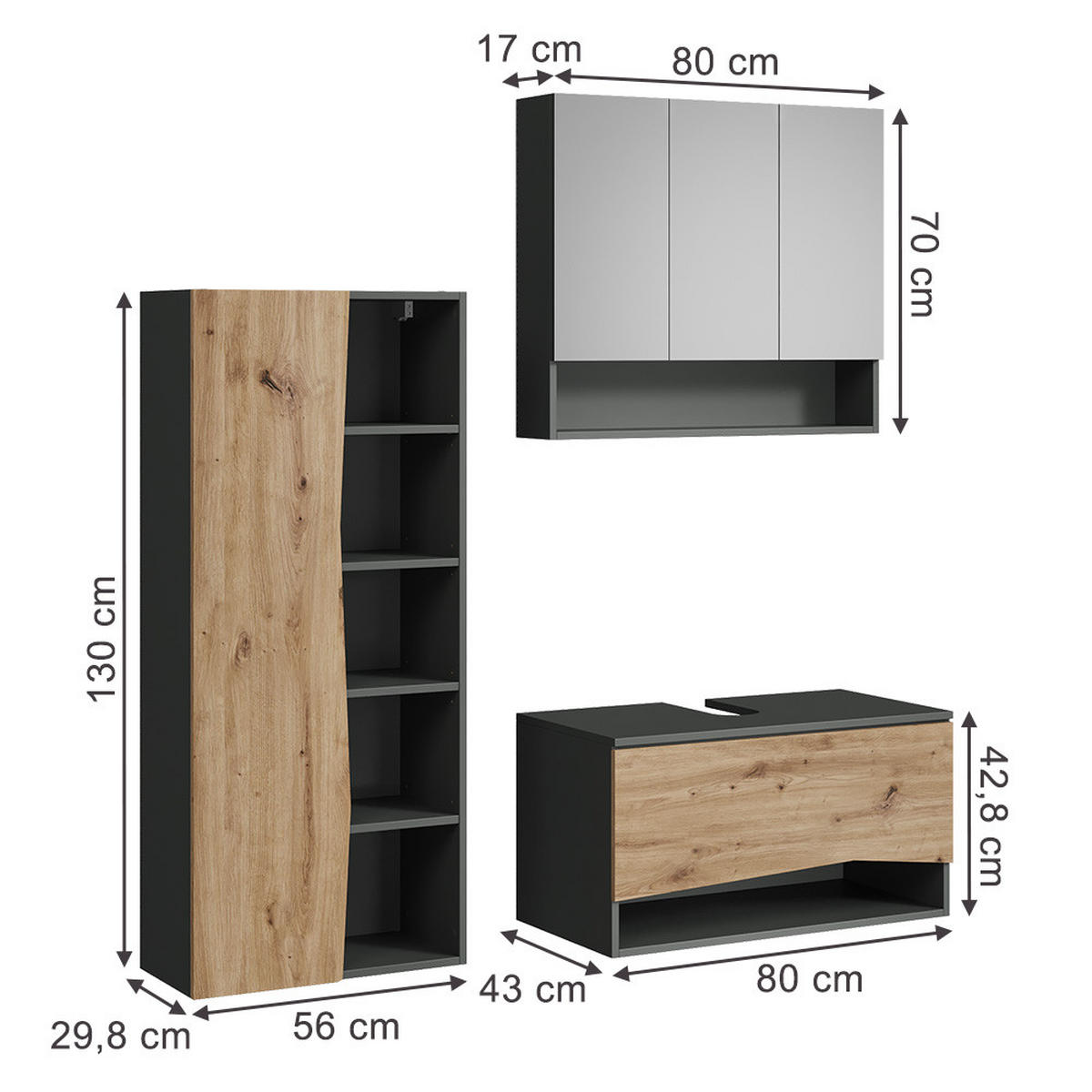 BADMÖBEL-SET Willow Artisan 3 Teile - Anthrazit/Hellgrau, Holzwerkstoff (80/42.8/43cm) - Vicco